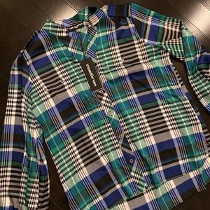 NWT Karl Lagerfeld Paris Splitneck Plaid Shirt